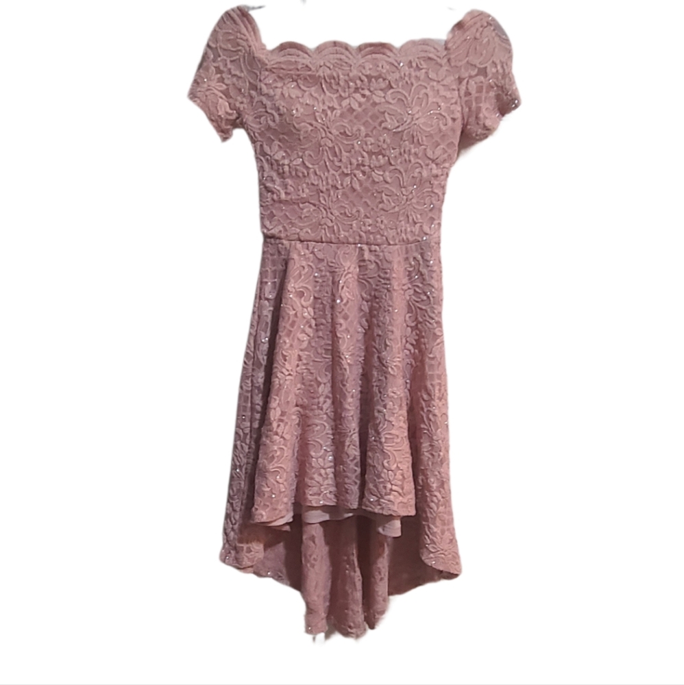 City Studio Pink Dusty Rose Lace HiLow Dress Fit Flare Off Shoulder size 1